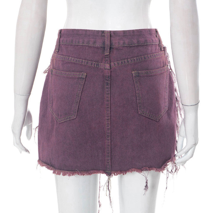 flowersverse Women's Summer Bright Tassel Tight Fitting Non-Stretch Denim Skirt