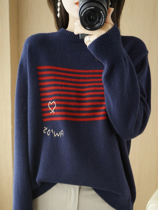 flowersverse Casual Loose Long Sleeves Striped Round-Neck Sweater Tops