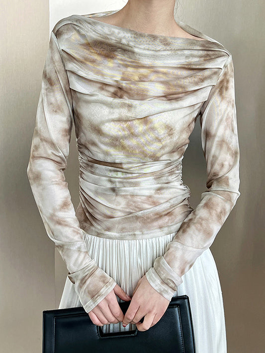 flowersverse Gauze Pleated Split-Joint Tie-Dyed Skinny Sun-Protection Off-The-Shoulder Blouses&Shirts Tops