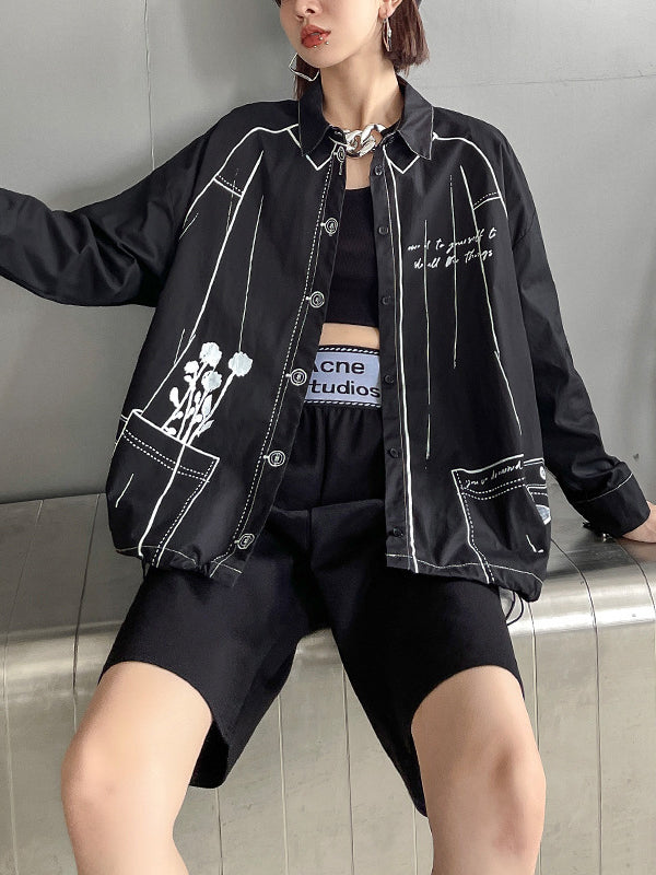 flowersverse Casual Contrast Color Printed Drawstring Blouse Top