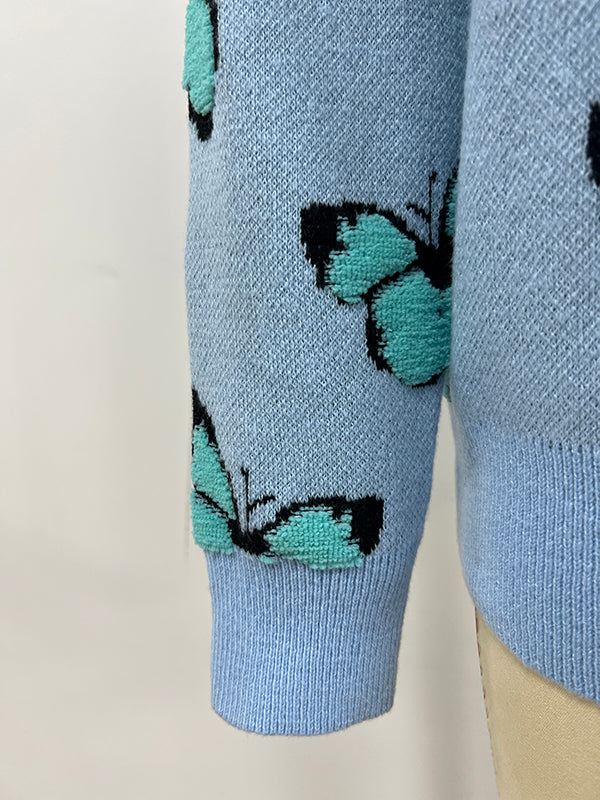 flowersverse Original Long Sleeves Loose Butterfly Print Contrast Color Round-Neck Sweater Tops