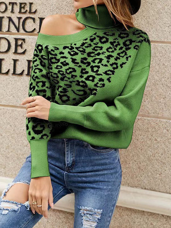 flowersverse Hollow Leopard Long Sleeves Loose High Neck Sweater Tops Pullovers Knitwear