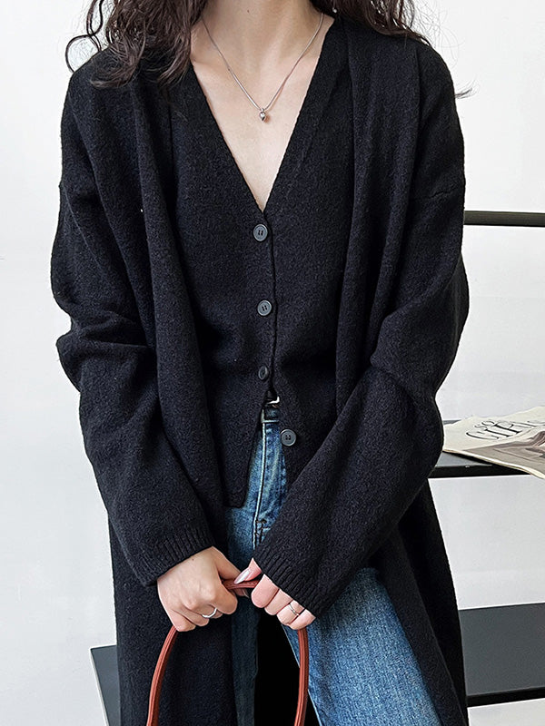 flowersverse Buttoned Solid Color Long Sleeves Loose V-Neck Knit Vest + Cardigan Two Pieces Set