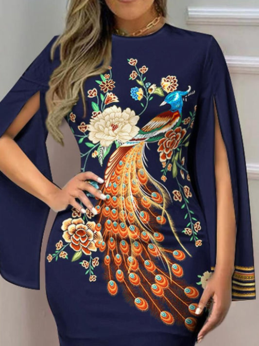 flowersverse Plus Size Peacock Floral Print Striped Bodycon Dress AT9060