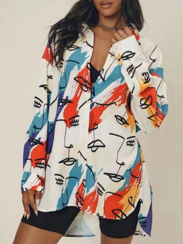 flowersverse Buttoned Figure Printed Split-Side High-Low Long Sleeves Lapel Blouses&Shirts Tops