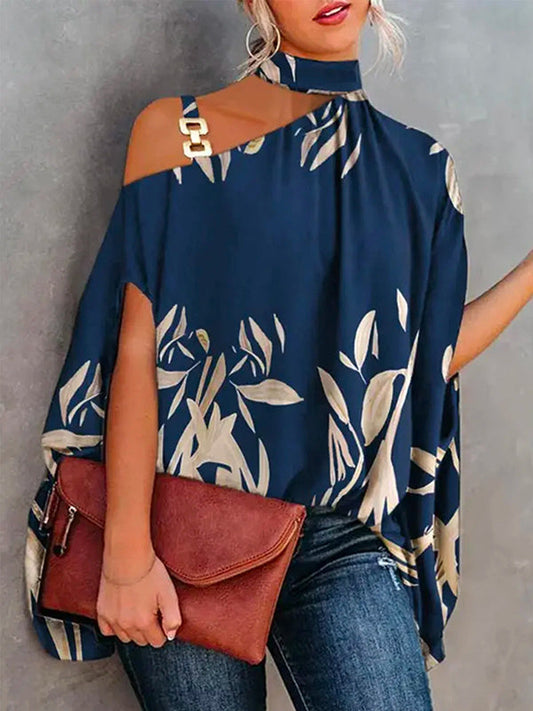 flowersverse Printed Asymmetric One Shoulder High-Neck Blouse Tunic Top