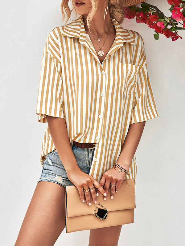 flowersverse Buttoned Striped Half Sleeves Loose Notched Collar Blouses&Shirts Tops