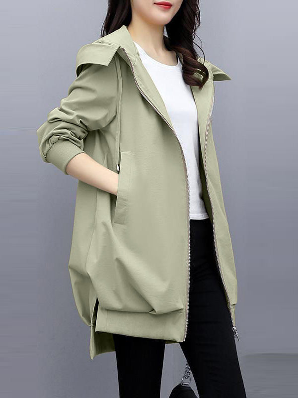 flowersverse Casual Loose 4 Colors Pleated Zipper Hooded Long Sleeves Outwear