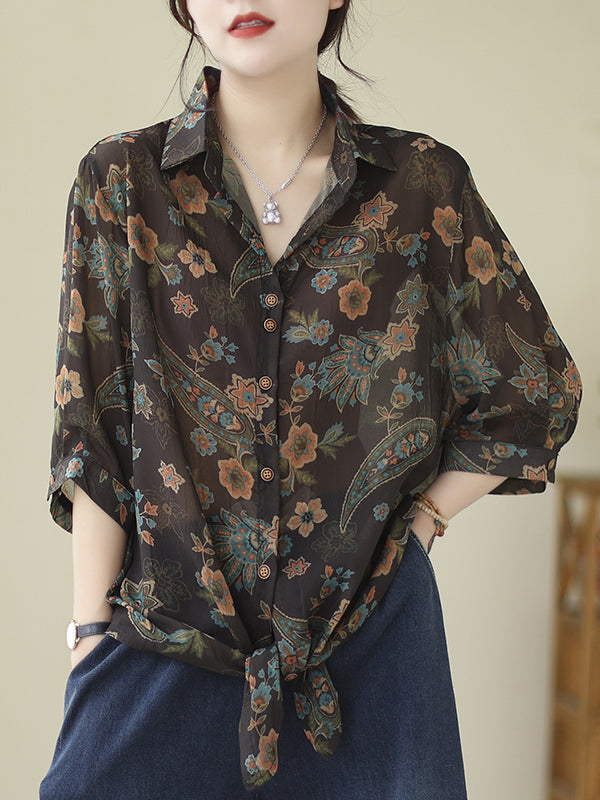 flowersverse Buttoned Flower Print Tied Long Sleeves Loose Lapel Blouses&Shirts Tops