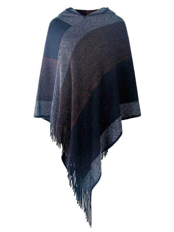 flowersverse Casual Loose Striped Tasseled Hooded Cape