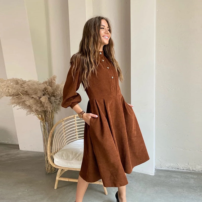 flowersverse Fashionkova Casual O-Neck Button Folds Midi Dress Autumn Lantern Sleeve Corduroy Loose Office Lady A-Line Dresses For Women