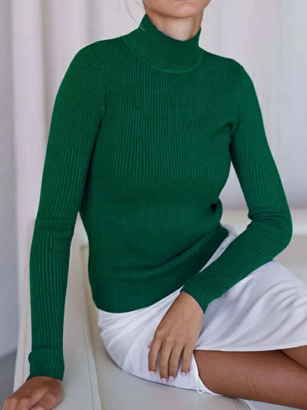 flowersverse Solid Color Split-Joint Long Sleeves Skinny High Neck Sweater Tops