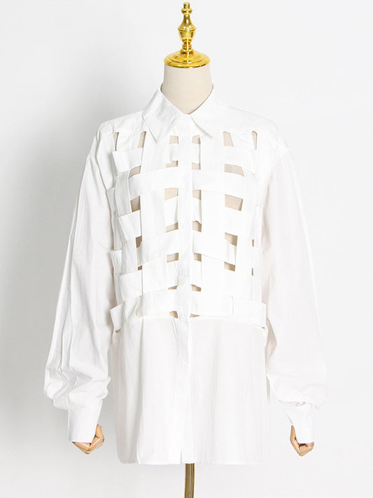flowersverse Stylish Long Sleeves Weave Hollow Solid Color Lapel Blouses Top