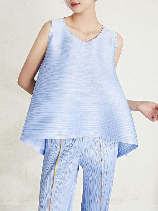 flowersverse Cropped Sleeveless Pleated Round-Neck Vest Top
