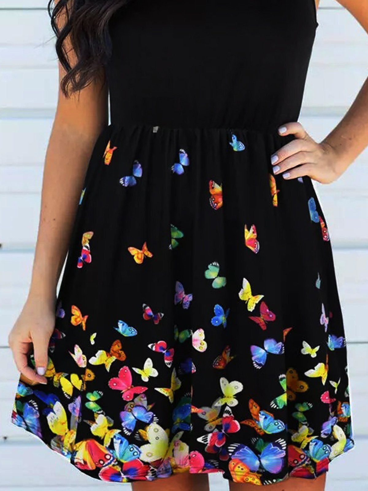 flowersverse Vintage Butterflies Printed Statement Plus Size Sleeveless Crew Neck Casual Knitting Dress