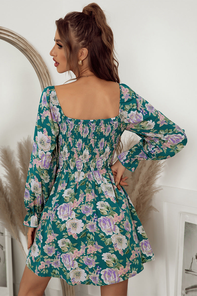 flowersverse Chic Floral Smocked Flounce Sleeve Square Neck Mini Dress