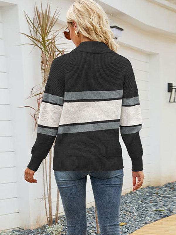 flowersverse Stylish Loose Solid Color& Contrast Color Striped Lapel Collar Sweater Tops