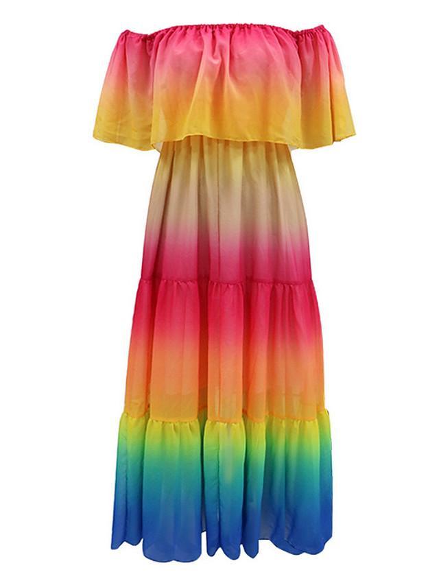 flowersverse Women's A-Line Dress Maxi Long Dress Short Sleeve Color Gradient Print Summer Elegant Rainbow