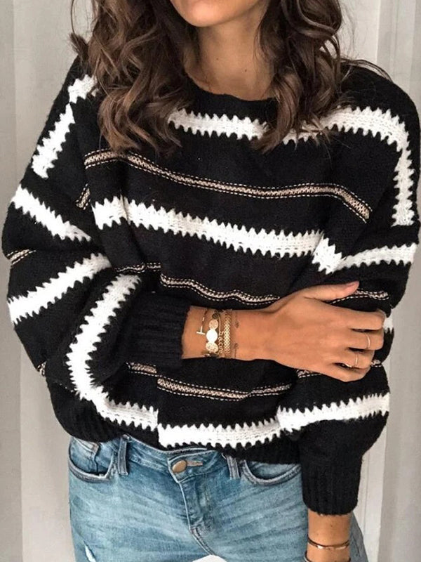 flowersverse Striped Long Sleeves Loose Round-Neck Sweater Tops Pullovers Knitwear