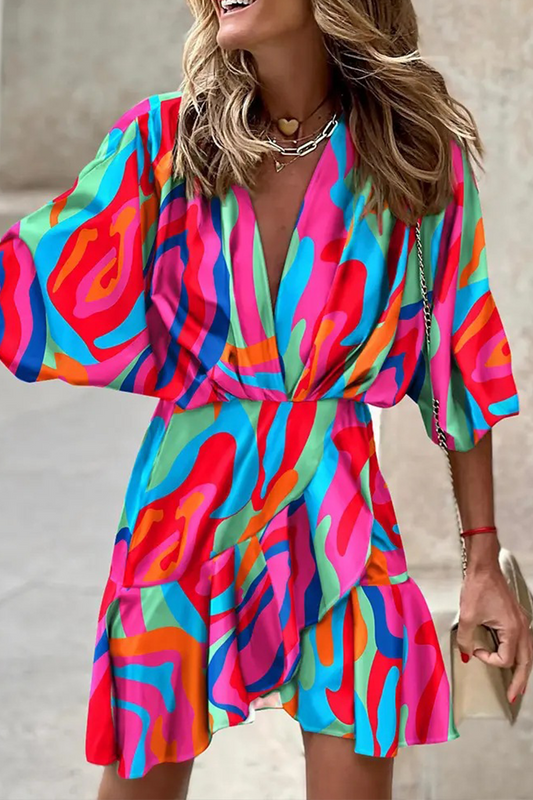 flowersverse Casual Print Patchwork V Neck Waist Skirt Dresses(6 Colors)