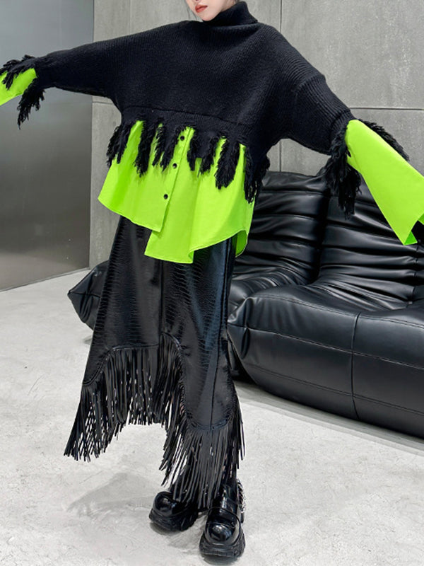 flowersverse Asymmetric Fringed Split-Joint A-Line Long Sleeves High Neck Sweater Tops Pullovers Knitwear