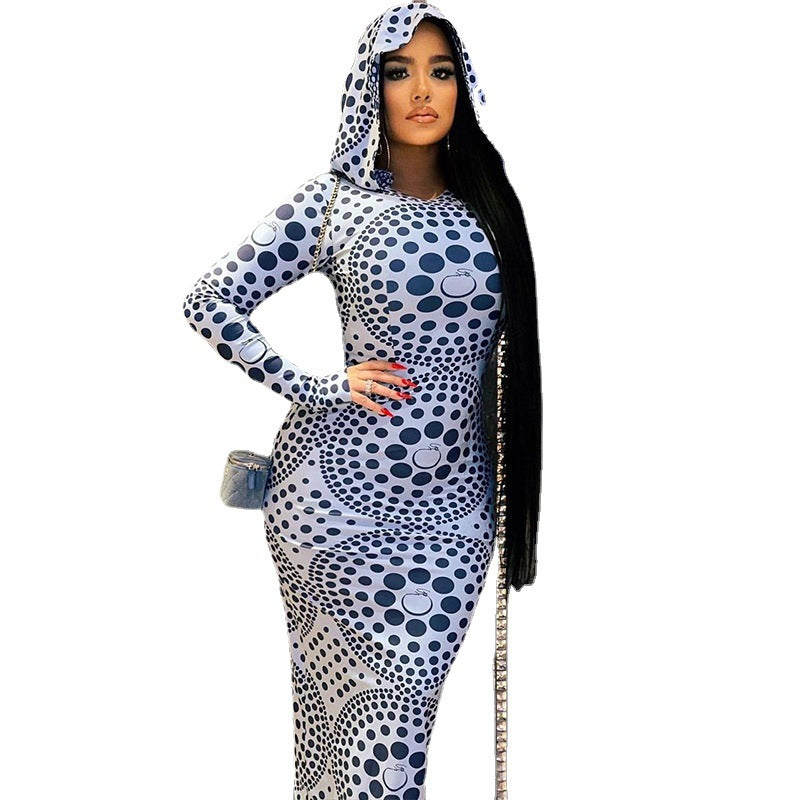 flowersverse Women Fashion Polka Dot Print Hooded Long Sleeve Street Trendy Bodycon Slim Dress