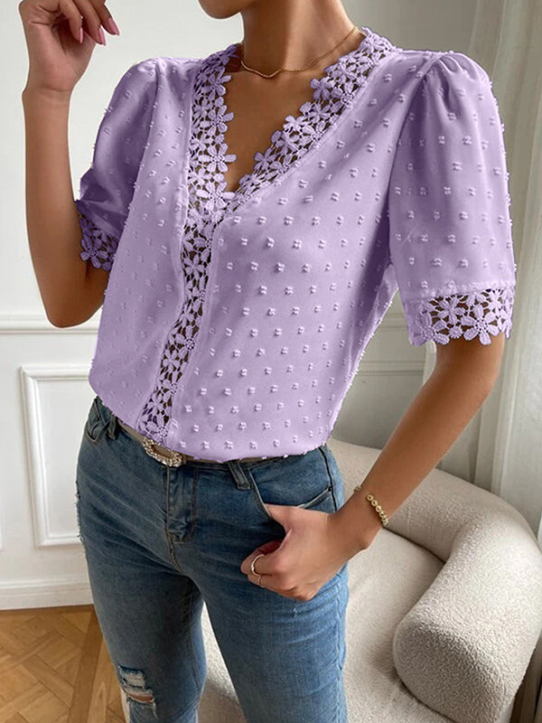 flowersverse Applique Solid Color Loose Short Sleeves V-neck Blouses&shirts Tops