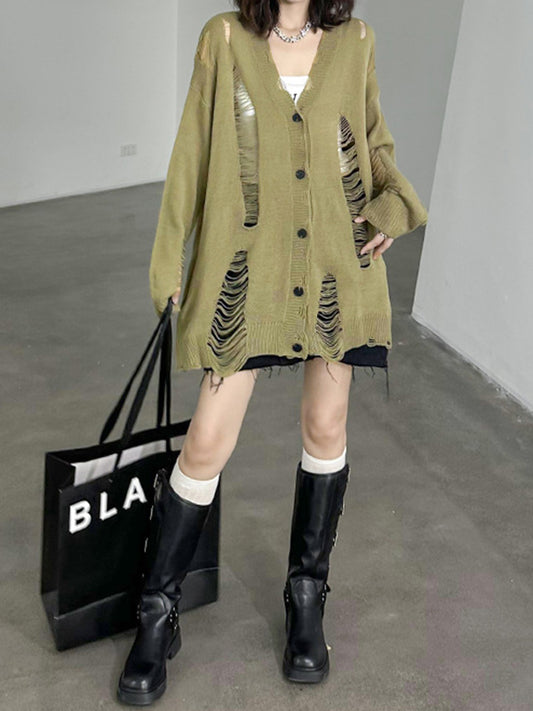 flowersverse Hollow Split-Joint Long Sleeves Loose V-Neck Cardigan Coats