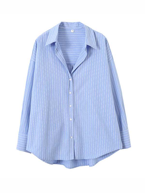 flowersverse Buttoned Striped Long Sleeves Loose Lapel Blouses&Shirts Tops