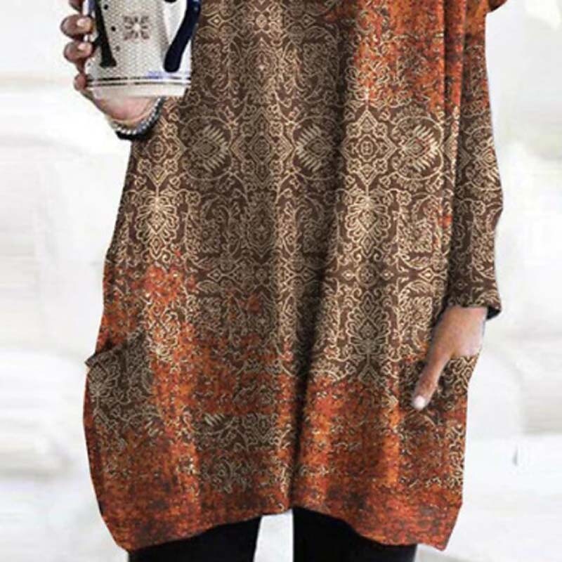 flowersverse Women's Casual Dress Ethnic Dress Mini Dress Orange Long Sleeve Flower Pocket Winter Fall Spring Crew Neck Fashion Daily Vacation Spring Dress Loose Fit S M L XL XXL 3XL