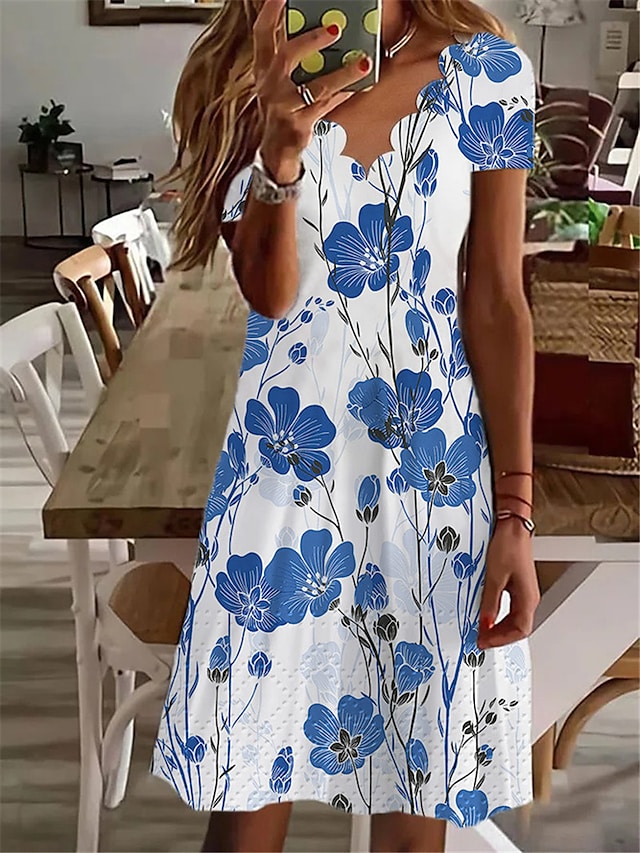 flowersverse Women's Casual Dress Shift Dress Midi Dress White Navy Blue Blue Short Sleeve Floral Print Spring Summer V Neck Vacation S M L XL XXL 3XL
