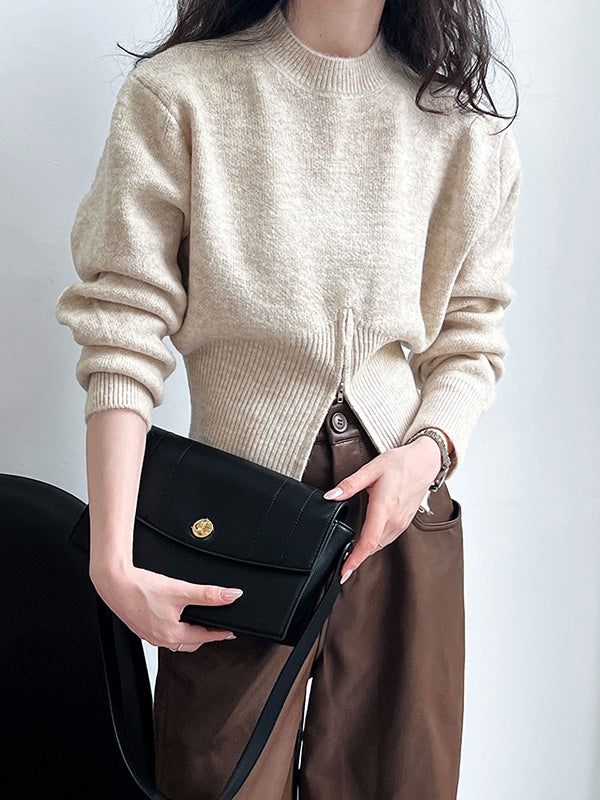 flowersverse Solid Color Zipper Long Sleeves Loose Mock Neck Sweater Tops Pullovers