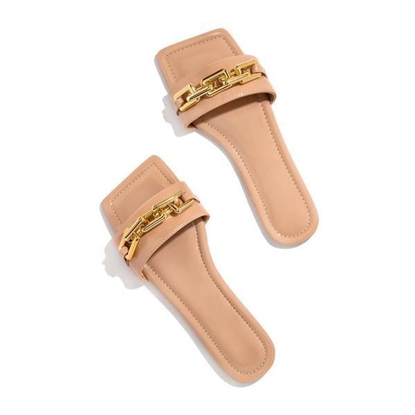 flowersverse Summer Fashion Women Flat Casual Slippers Square Toe Chain Sandals