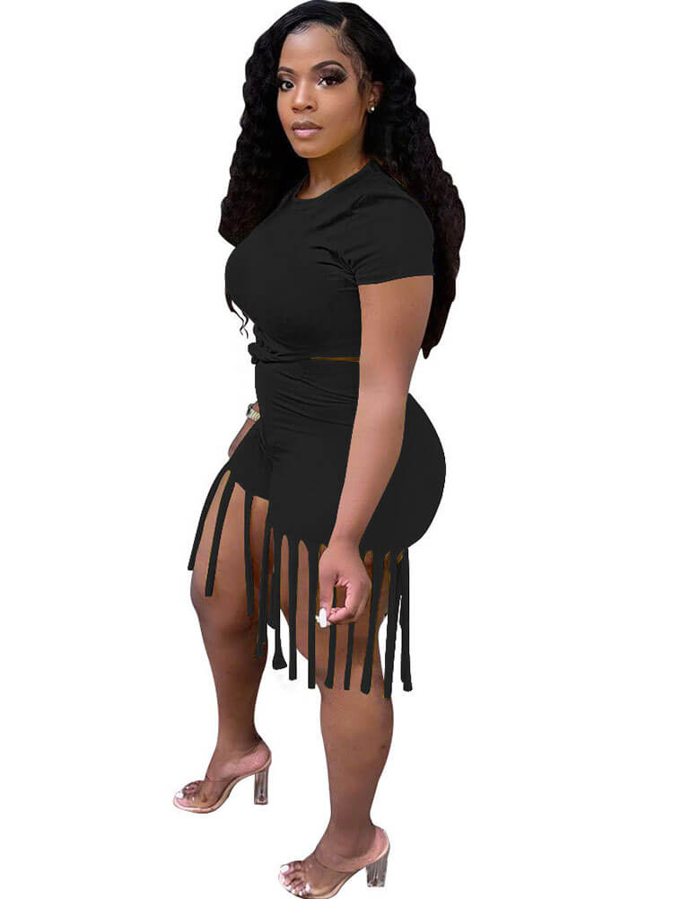 flowersverse 2 Piece Plus Size Knot Front Short Sleeve Tops Tassels Shorts