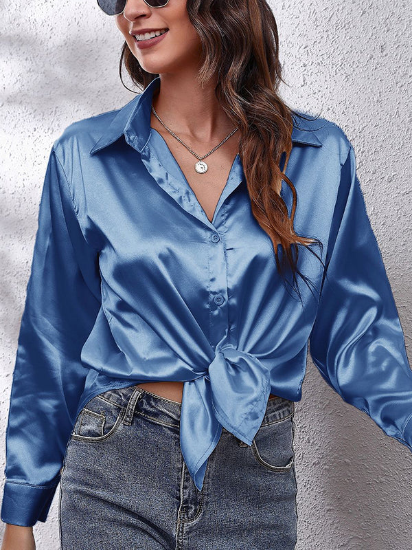 flowersverse Solid Color Long Sleeves Loose Lapel Blouses&Shirts Tops