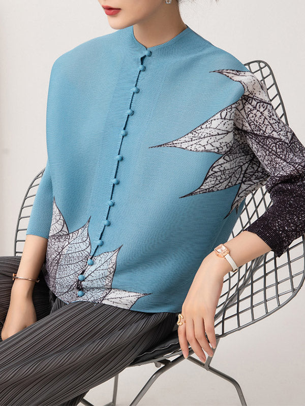 flowersverse Buttoned Leaves Print Long Sleeves Loose Round-Neck Outerwear