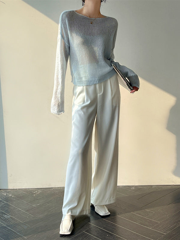 flowersverse Gentle Mohair Knitted Loose Long Sleeves Solid Color Thin Sweater Tops