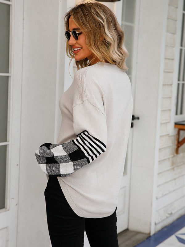 flowersverse Casual Long Sleeves Loose Checkered Round-Neck Sweater Tops
