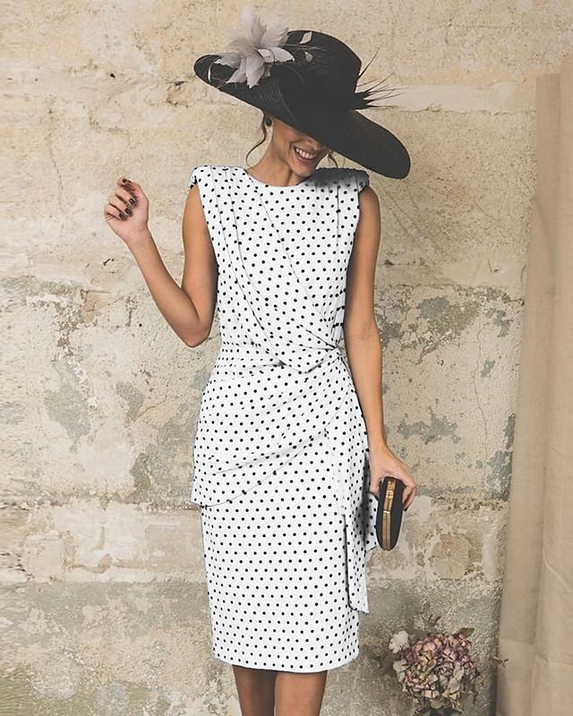 flowersverse Women's Sheath Dress Knee Length Dress - Sleeveless Polka Dot Print Polka Dots Ruched Spring & Summer Plus Size Hot Vintage White Red Light Blue