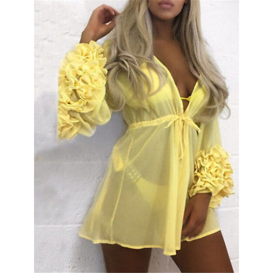 flowersverse Women's Cover Up Beach Wear Mini Dress Patchwork Hot Sexy Solid Color Deep V Long Sleeve Regular Fit Daily Beach Black White Winter Fall S M L XL