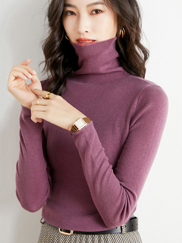 flowersverse Simple Skinny Long Sleeves Solid Color High-Neck Sweater Tops Pullovers