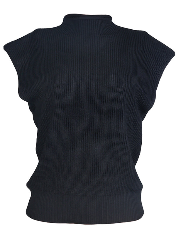 flowersverse Casual Cap Sleeve Solid Color High-Neck Sweater Tops Pullovers