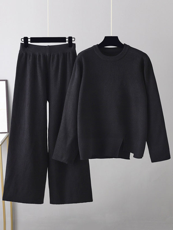 flowersverse Casual Long Sleeves Irregularity Split-Front Round-Neck Sweater Tops & Wide Leg Pants Two Pieces Set