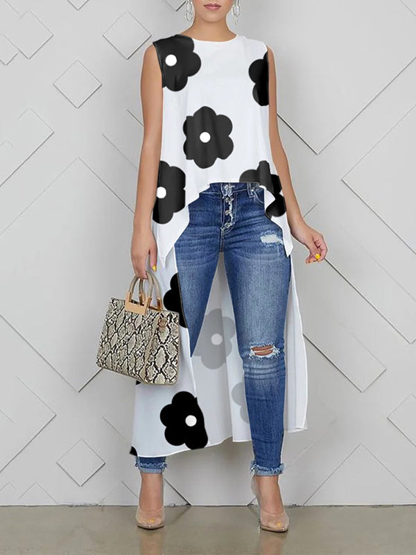 flowersverse High-Low Loose Contrast Color Floral Printed Round-Neck Vest Top