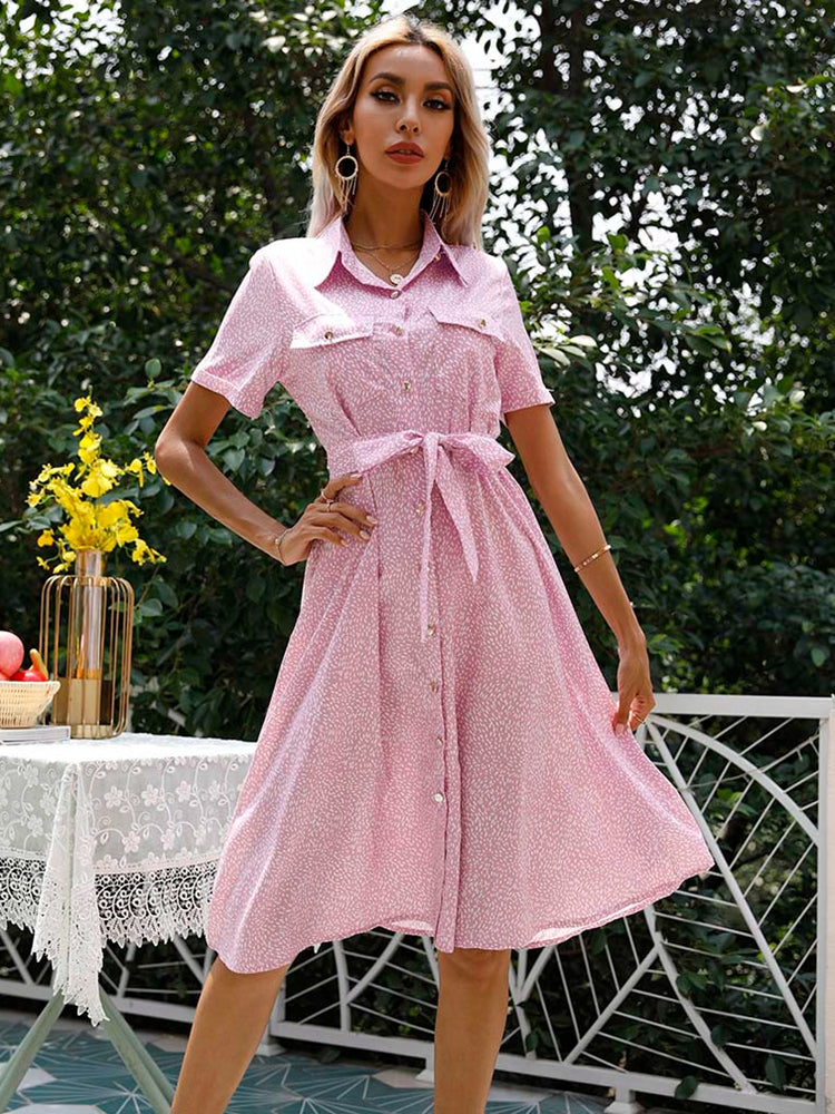 flowersverse Summer Print Bandage Dress For Women Short Sleeve Turn Down Collar Ladies Casual Button Knee Length Floral Dress