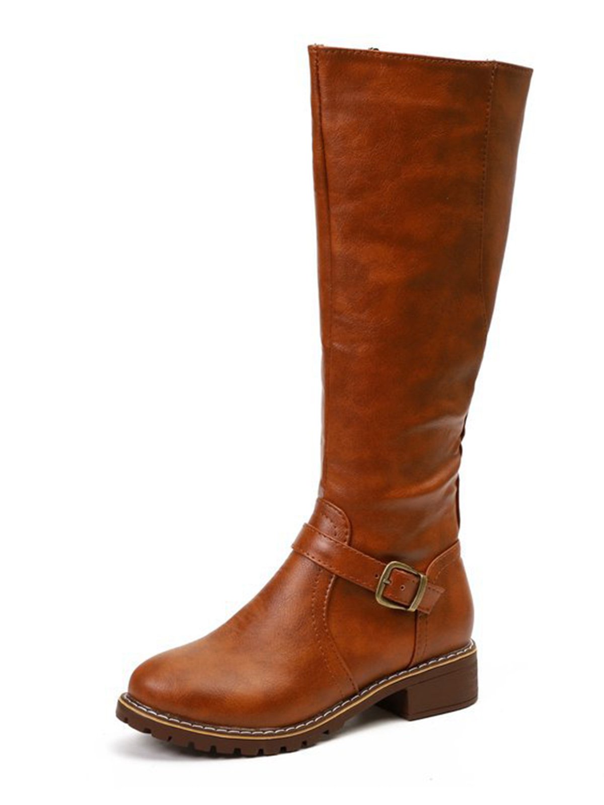 flowersverse Vintage Round Toe Buckle Tall Boots Chunky Heel Riding Boots