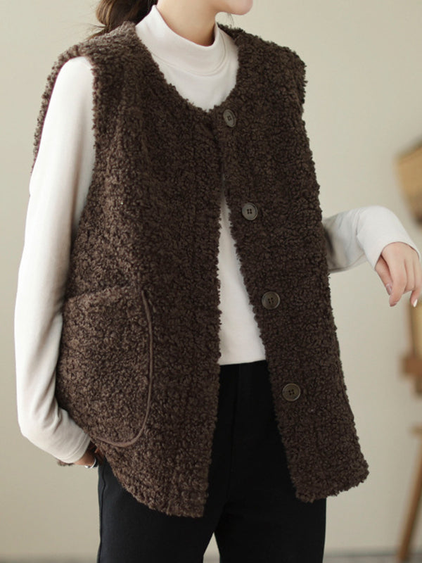 flowersverse Buttoned Pockets Loose Sleeveless Round-Neck Vest Outerwear