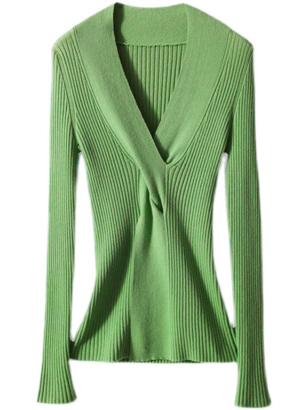 flowersverse Urban Skinny Cross Twist Solid Color V-Neck Sweater Tops