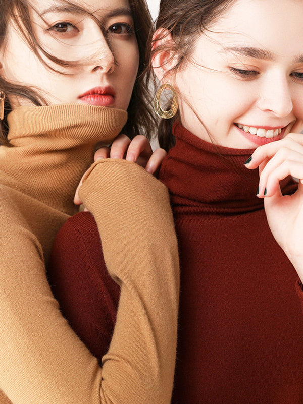 flowersverse Casual Skinny Long Sleeves Solid Color Heaps Collar Sweater Tops Pullovers