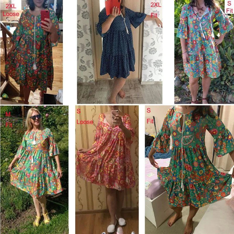 flowersverse Summer Women Boho Floral Long Sleeve Dress Holiday Beach Shirt Dress Ladies Print Mini Dress Plus Size